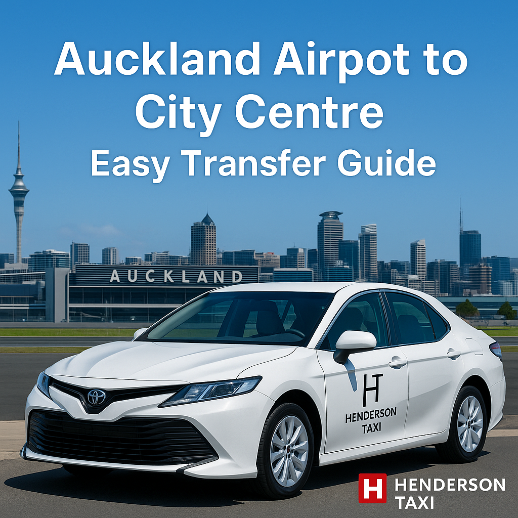 White Toyota Camry taxi in front of Auckland Airport terminal with city skyline in the background, featuring Henderson Taxi branding.