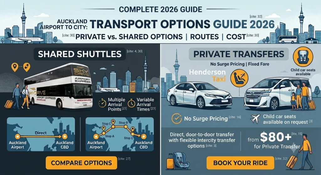 Is There a Shuttle Bus from Auckland Airport to the City? (Complete 2026 Guide) 2 Infographic comparing Auckland Airport transport options for 2026. The left side highlights Shared Shuttles featuring the double-decker SkyDrive Airport Express bus starting from $20 per person. The right side features Henderson Taxi private transfers showcasing direct airport-to-CBD routes, fixed pricing from $80, and child seat options.