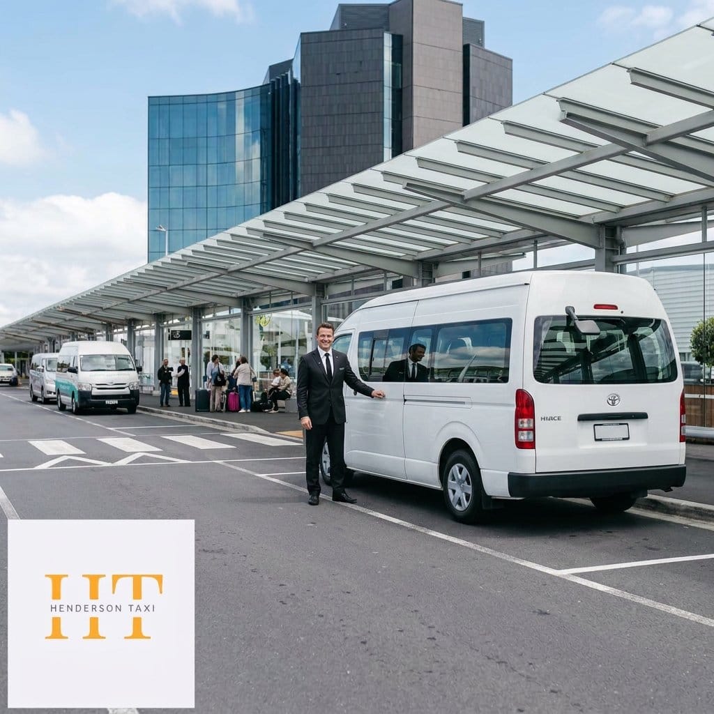 Auckland Airport Van Transfer 2 Professional chauffeur in a black suit standing next to a white 2018 Toyota Hiace 12-seater high-roof van at Auckland Airport arrivals. Perfect for private group transfers of up to 11 passengers with 10+ pieces of luggage. Premium door-to-door airport transfer service.