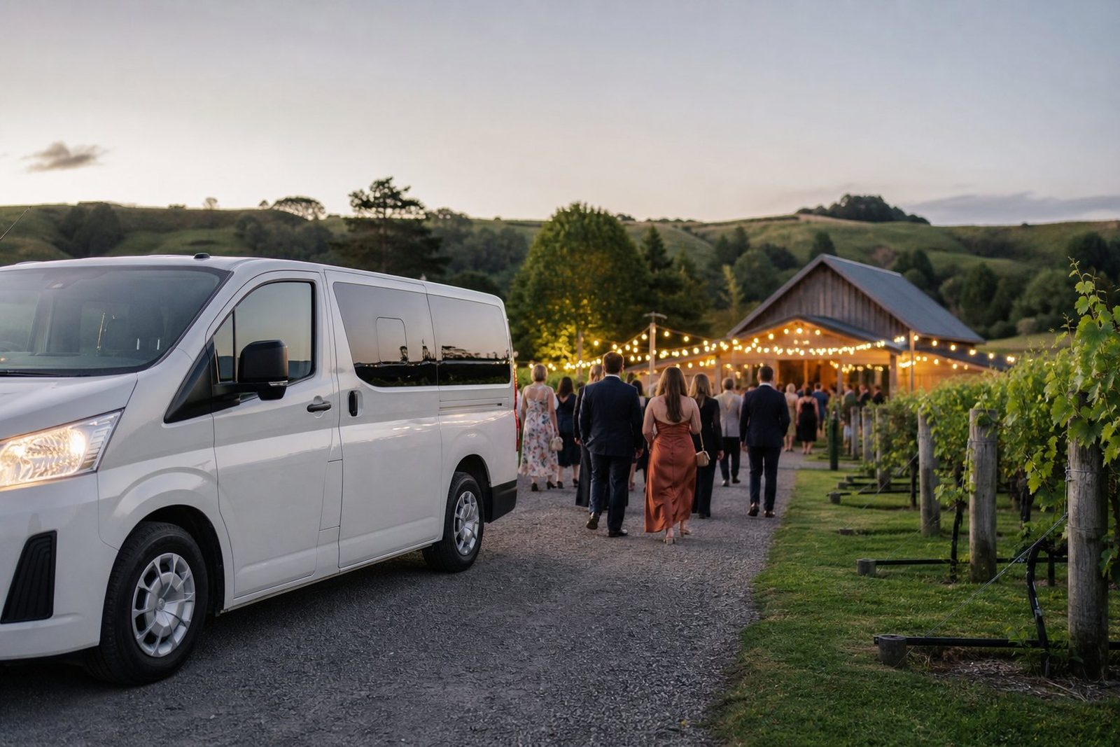 Guest shuttle van at a Kumeu winery wedding venue at dusk with guests walking toward the reception