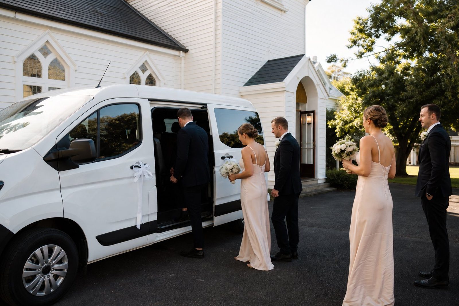 Wedding transfers in Auckland - bridal party boarding a white van decorated with ribbons outside an Auckland church